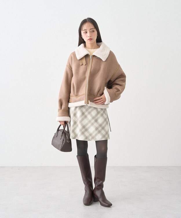 earth music&ecology サイドレースアップミニスカート Check Ivory