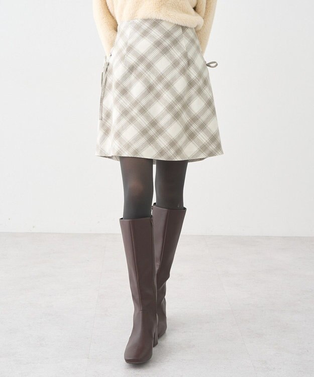 earth music&ecology サイドレースアップミニスカート Check Ivory