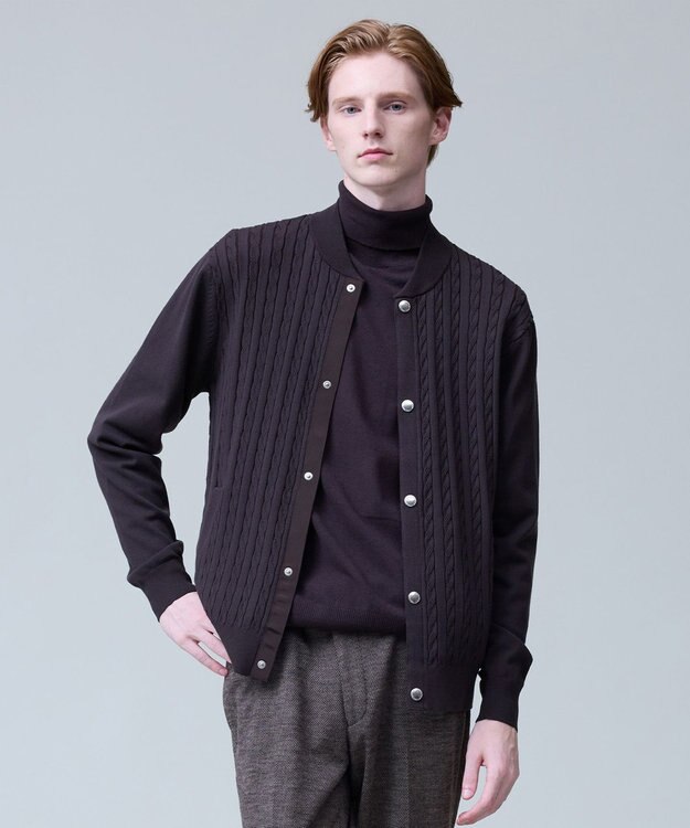 J.PRESS MEN 羽織るだけで整う大人の品格【ストレッチ / イージーケア】【FLEX YARN】ケーブルニット ブルゾンライク カーディガン ブラウン系