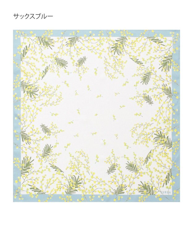 MOONBAT 【シルク100%】FURLA (フルラ) ミモザ シルクプリントスカーフ 65cm×65cm UV対策 手洗い可能 サックスブルー