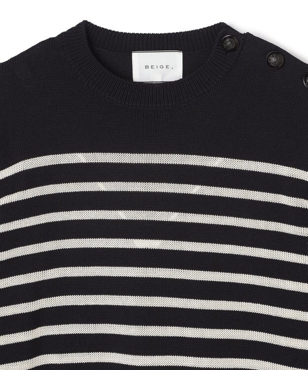 BEIGE， HELIODOR / レーヨンボーダーマリンボタンニット Navy × Ecru