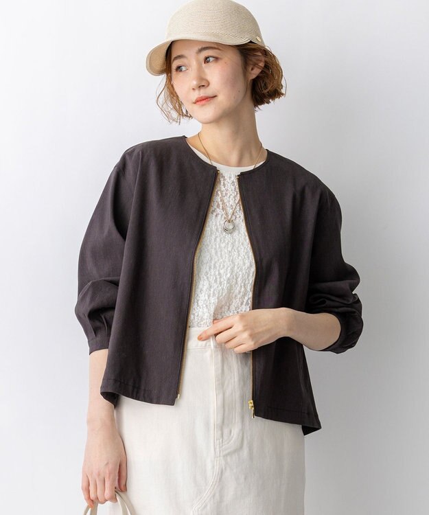 23区 リネンレーヨンストレッチ ノーカラー ブルゾン ダークブラウン系