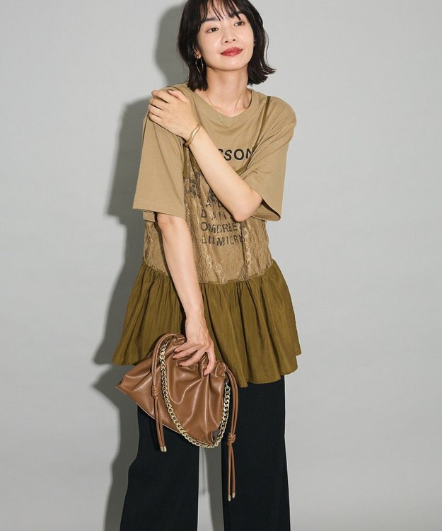 Green Parks ＳＥＴ２点フォトＴシャツ＋レースキャミビスチェ Brown