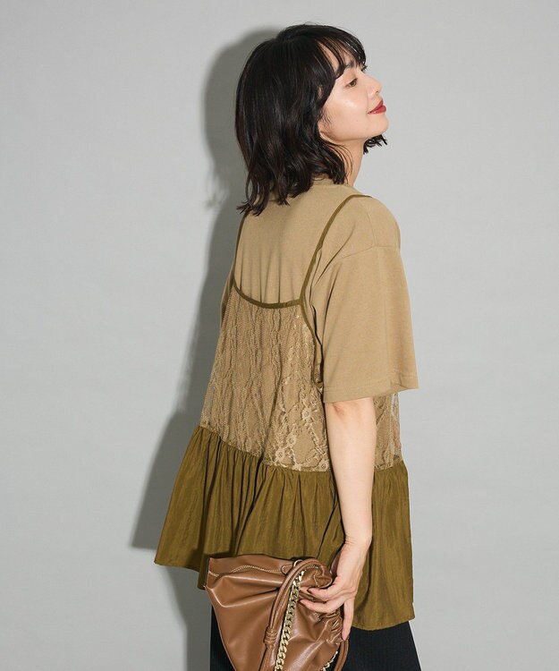Green Parks ＳＥＴ２点フォトＴシャツ＋レースキャミビスチェ Brown