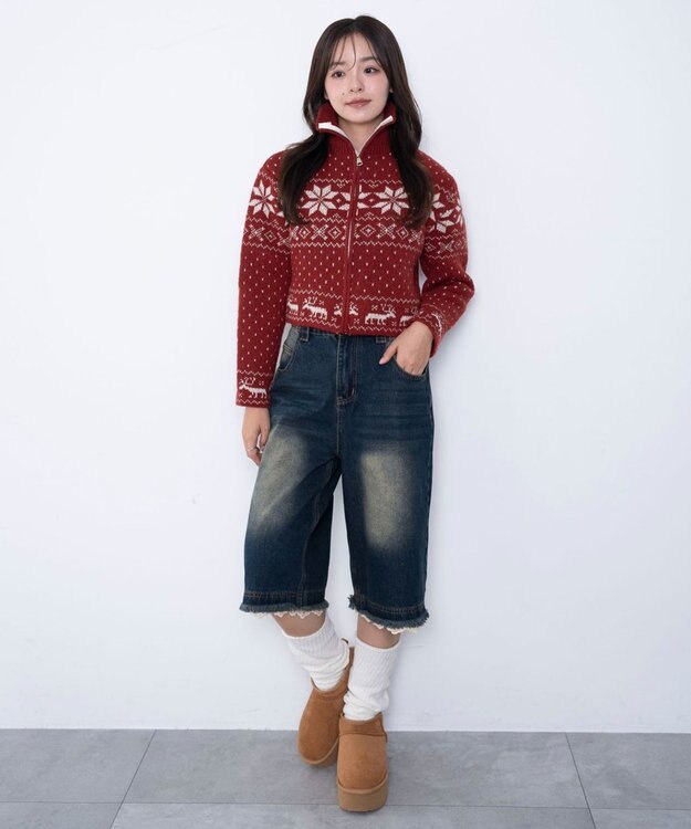 WEGO ユキガラダブルジップカーデ レッド