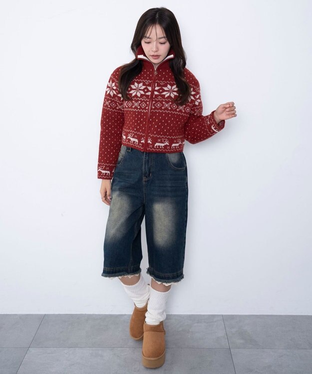 WEGO ユキガラダブルジップカーデ レッド