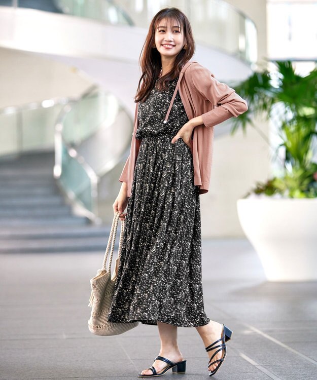 Tiaclasse L 【洗える】花柄タックフレンチスリーブワンピース ブラック