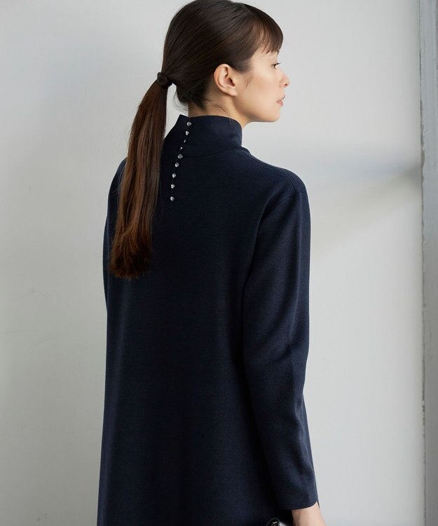 ICB L ウールブレンドスムース ハイネックワンピース ネイビー系