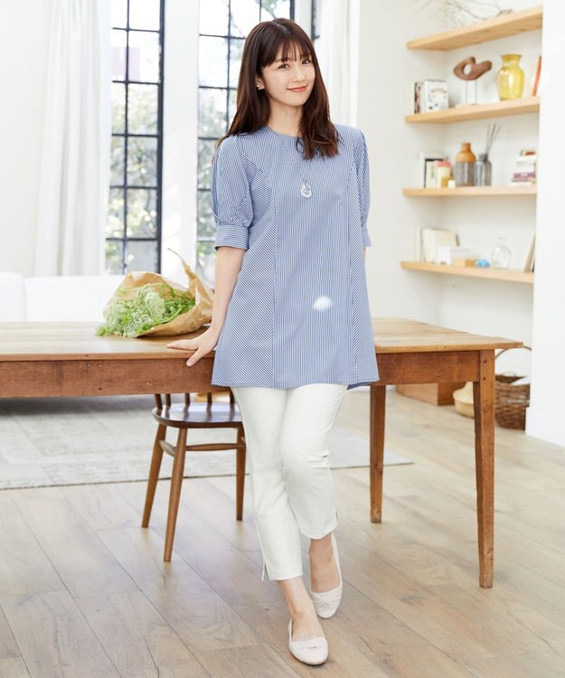 Tiaclasse 【小倉優子さん着用】【洗える】 パフスリーブチュニックブラウス ネイビーストライプ