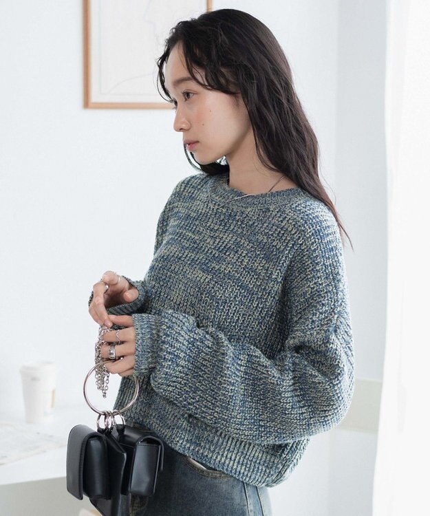 WEGO ミックスカーラーショートニット サックス