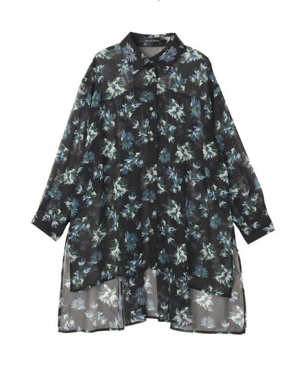 YECCA VECCA フラワー柄シアーロングシャツ Black