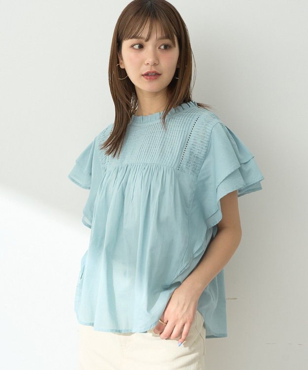 earth music&ecology フリルピンタック半袖ブラウス Blue