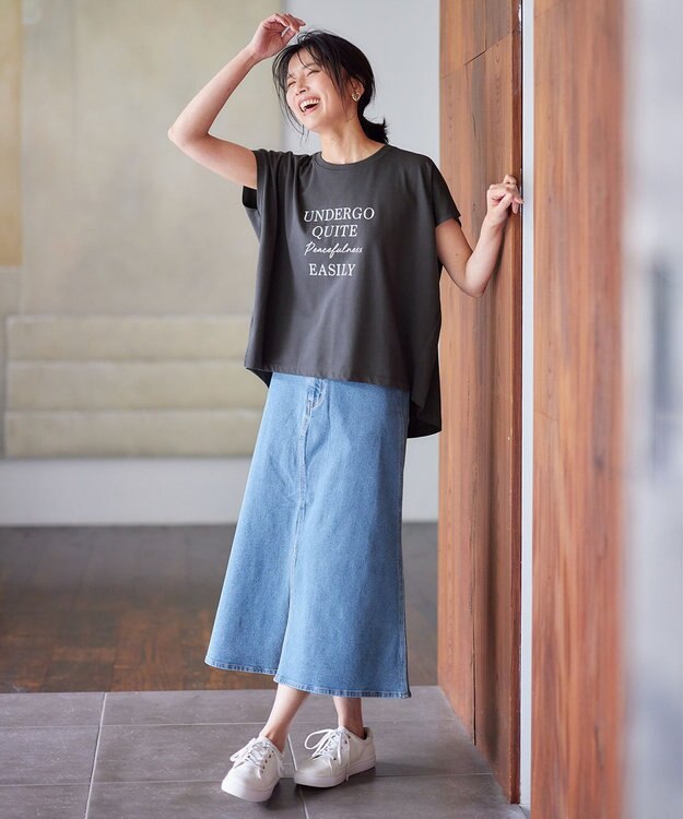 ANY 【洗濯機可能/ストレッチ】フロントスリットデニムスカート ライトインディゴ