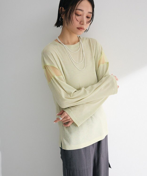 Green Parks シアー切替長袖プルオーバー Lime Green