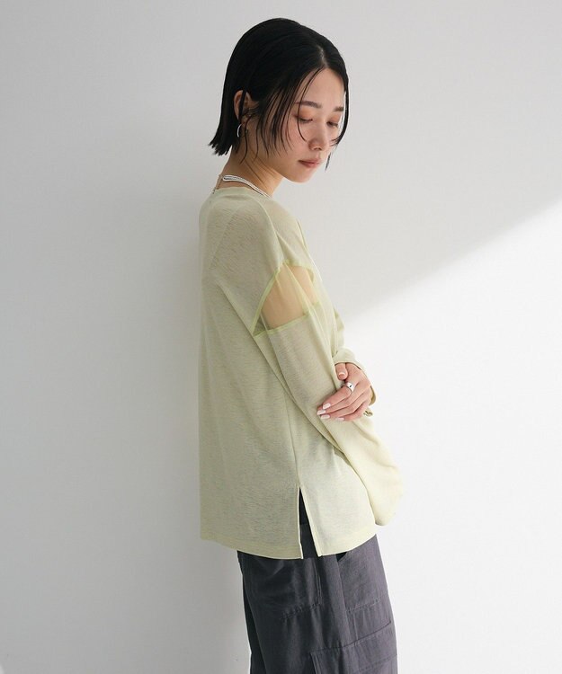 Green Parks シアー切替長袖プルオーバー Lime Green