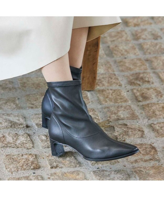 MODE ET JACOMO <carino>【レイン対応】フレアヒールストレッチブーツ ブラック