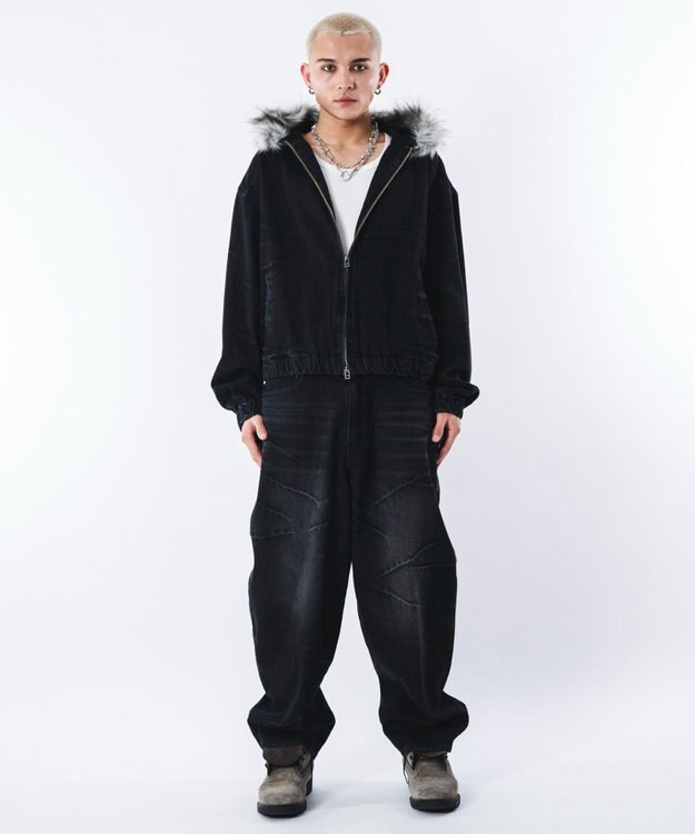 WEGO 【ユニセックス着用ITEM】ファーフードスラッシュデニムブルゾン デニムブラックソノタ