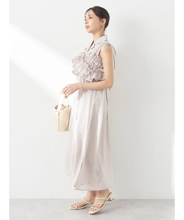 earth music&ecology ＳＥＴ２点シャーリングビスチェ×シャツワンピース Stripe Beige