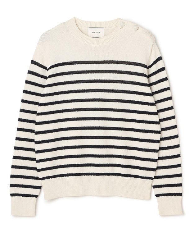 BEIGE， HELIODOR / レーヨンボーダーマリンボタンニット Ecru × Navy