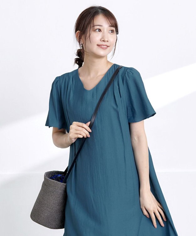 Tiaclasse 【洗える】 配色Aラインサックワンピース ターコイズ