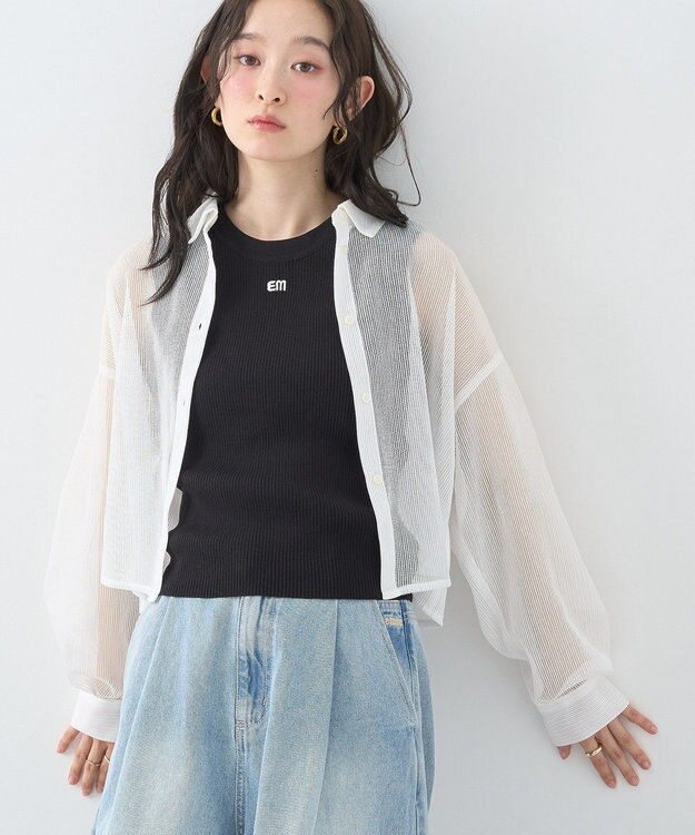earth music&ecology メッシュストライプショートシャツ Off White