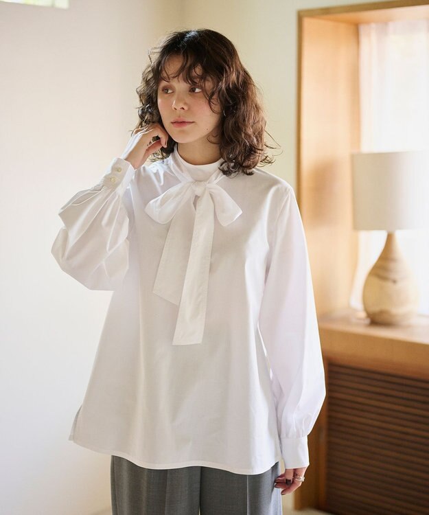 #Newans 【洗濯機可】ステッチデザインリボンタイブラウス ホワイト