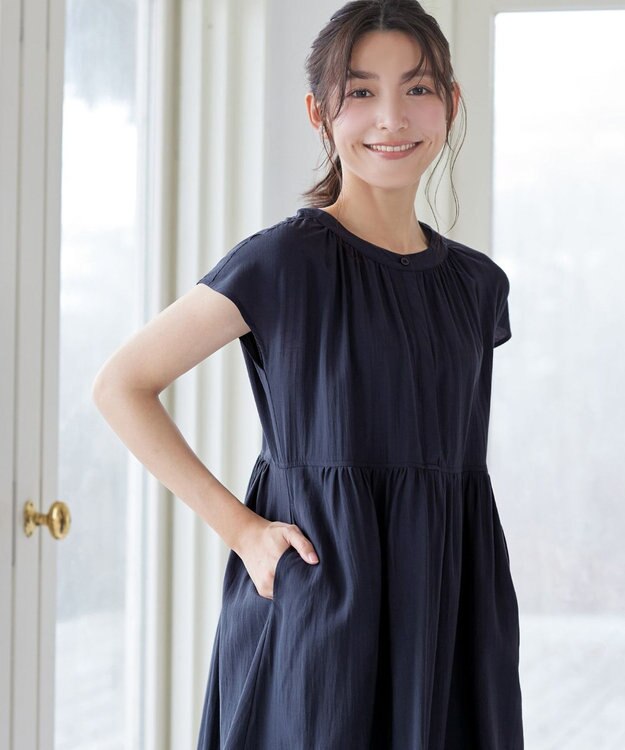Tiaclasse ギャザーシャツワンピース ネイビー