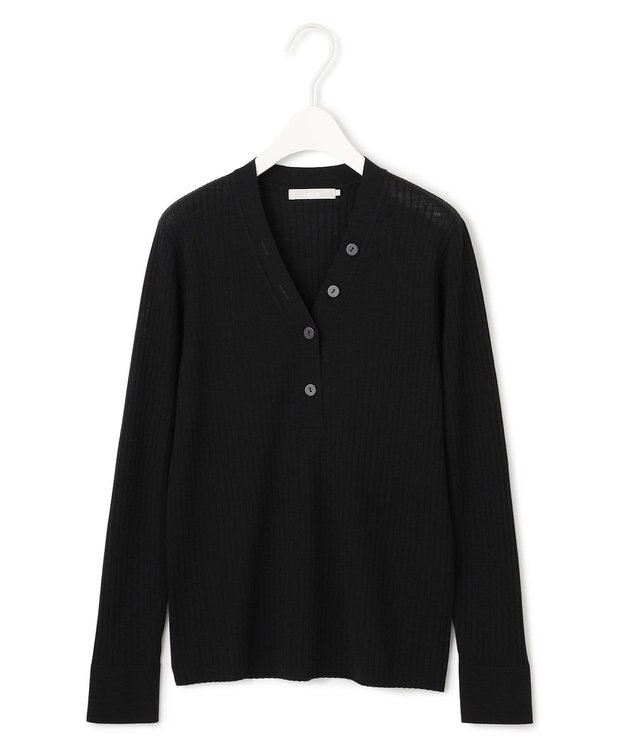 ICB 【洗える】エクストラファインメリノリブ ヘンリーネック プルオーバー ブラック系