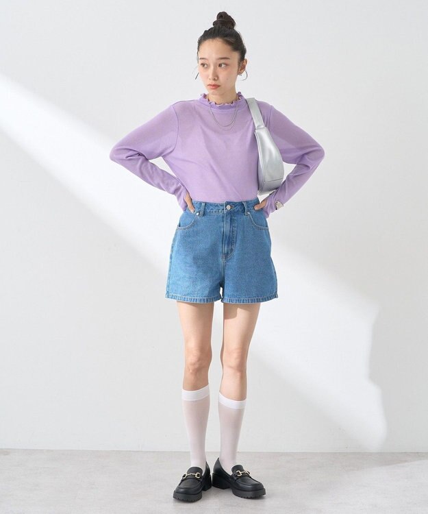 earth music&ecology フリンジロゴデニムショートパンツ Indigo