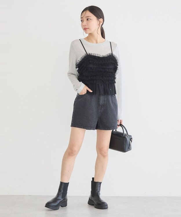 earth music&ecology フリンジロゴデニムショートパンツ Black