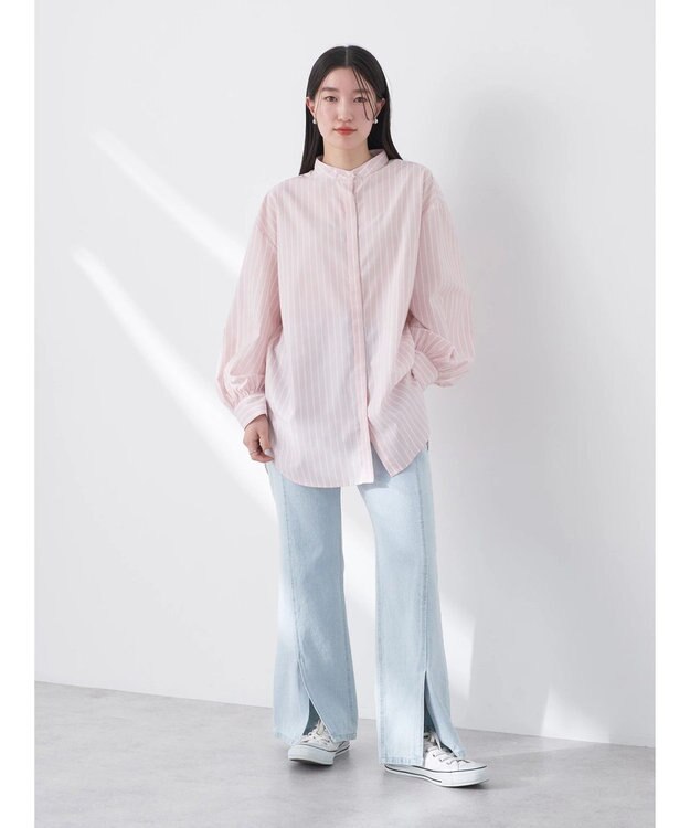 earth music&ecology バンドカラーストライプシャツ Salmon Pink