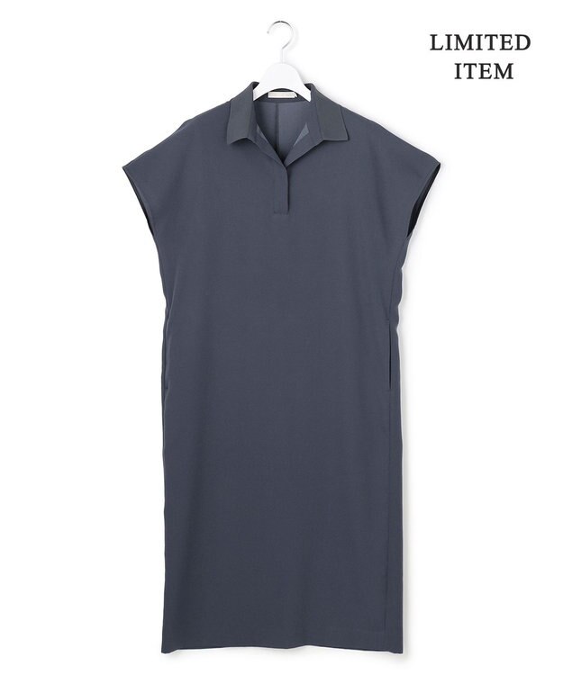 ICB 【WEB限定】FluidBackSatin ニット衿シャツワンピース ダルブルー