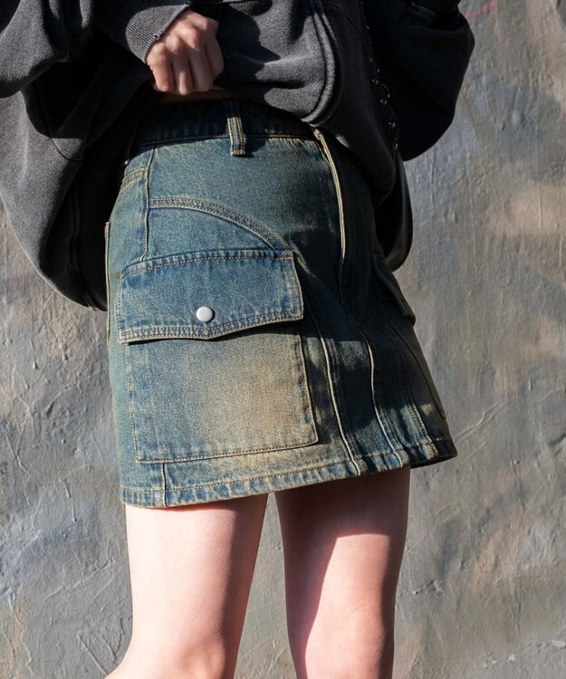 WEGO ヴィンテージウォッシュカーゴミニスカート デニム中濃加工色