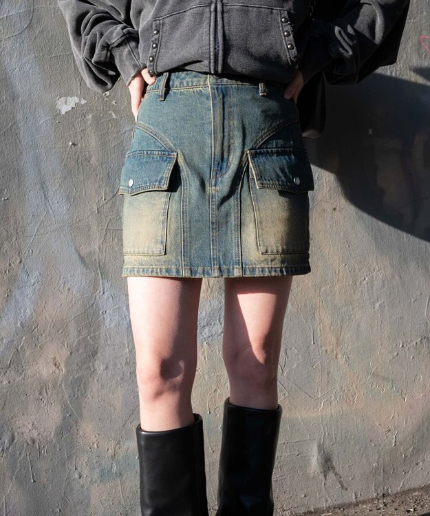 WEGO ヴィンテージウォッシュカーゴミニスカート デニム中濃加工色