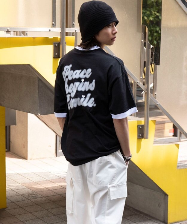 WEGO 【ユニセックス着用ITEM/MLサイズ展開】アクセ付きリンガーグラフィックT（SS） ブラック