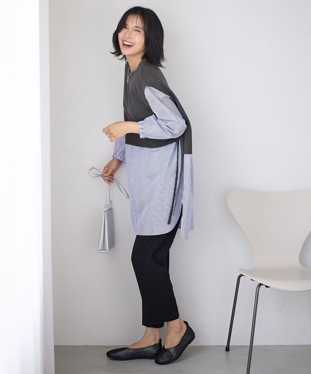 ANY レイヤード風チュニック グレー×ブルーストライプ