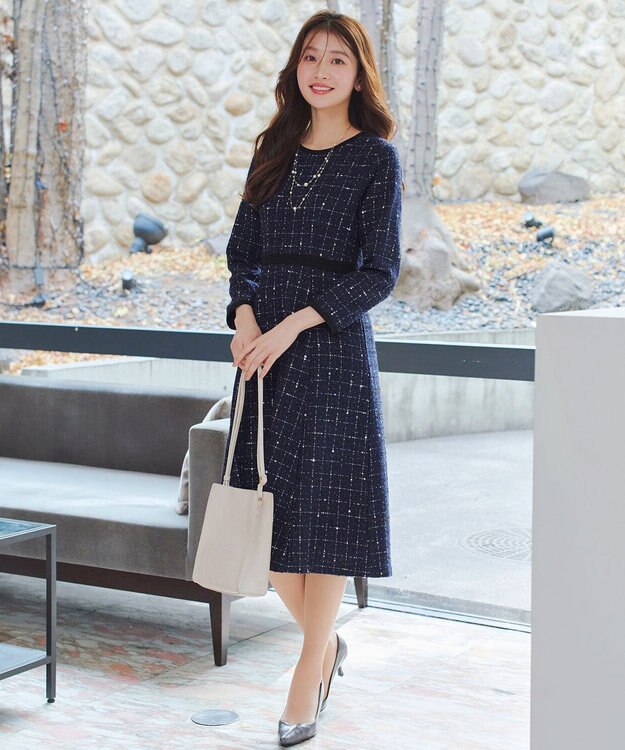 Tiaclasse 【安田美沙子さん着用・新色追加】配色ツイードワンピース ネイビー
