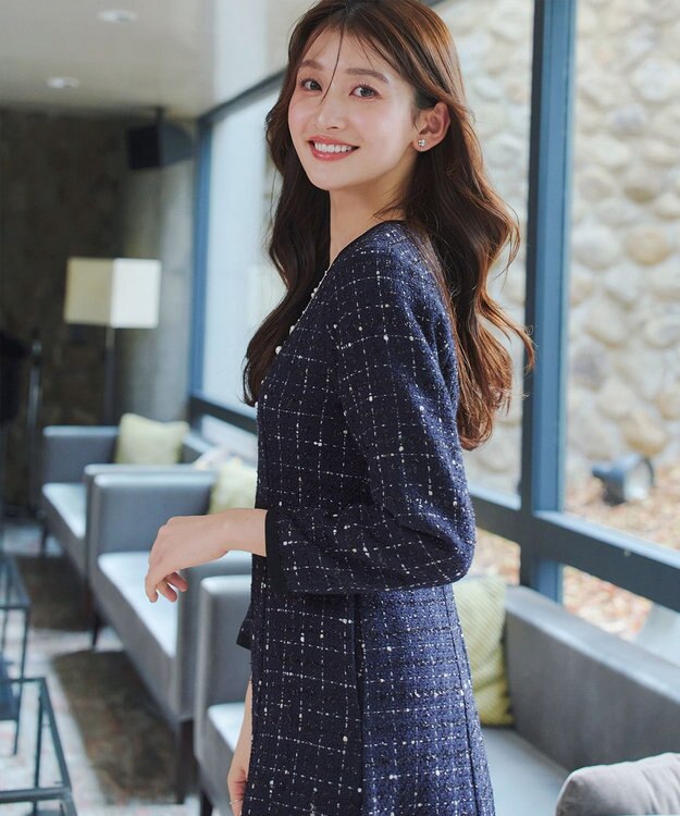 Tiaclasse 【安田美沙子さん着用・新色追加】配色ツイードワンピース ネイビー