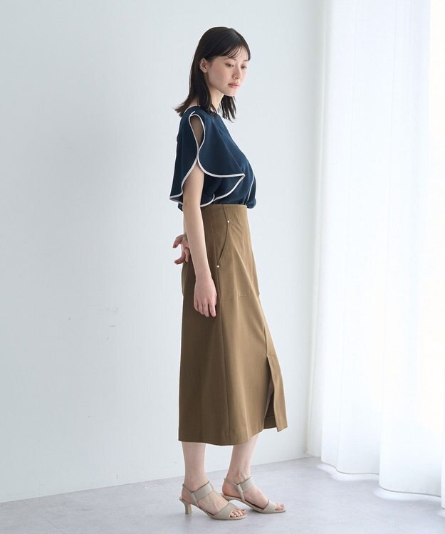 YECCA VECCA 配色ラッフルスリーブブラウス Navy