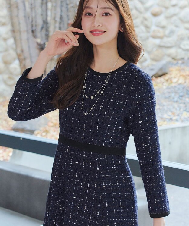 Tiaclasse 【安田美沙子さん着用・新色追加】配色ツイードワンピース ネイビー