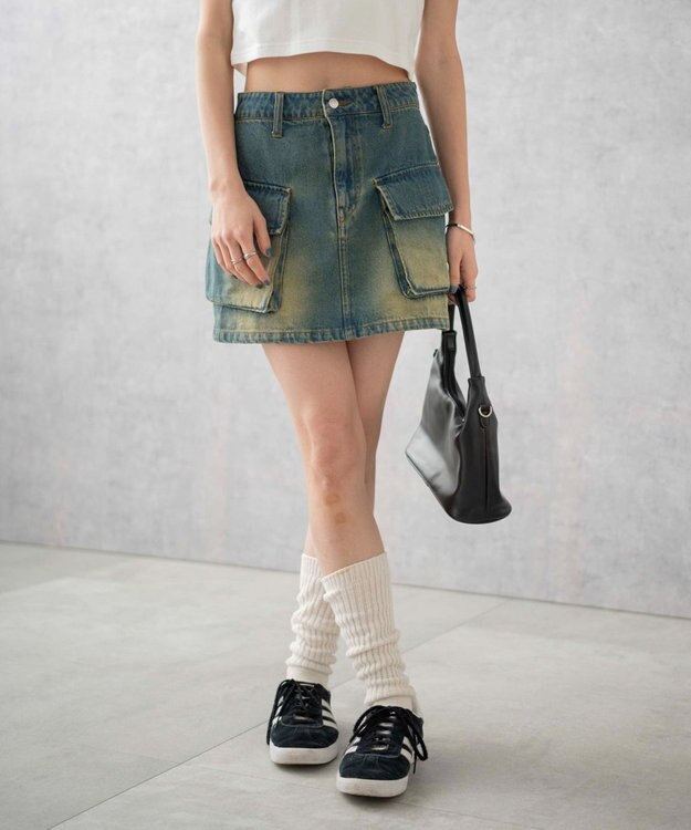 WEGO ヴィンテージウォッシュデニムカーゴミニスカート デニム中濃加工色