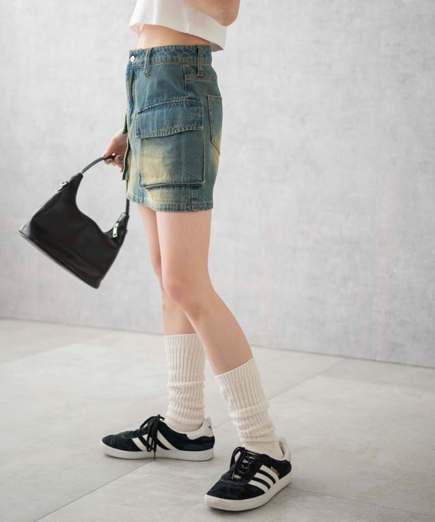 WEGO ヴィンテージウォッシュデニムカーゴミニスカート デニム中濃加工色