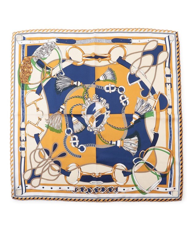 23区 manipuri ピルエットモチーフ シルク スカーフ キャメル×ネイビー