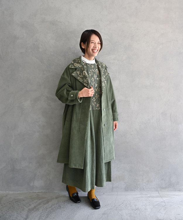 muuc 〈遠州織物の工場で織られた上質なコットンコーデュロイ生地〉花刺繍ワンピースドレス（セットアップ可能） グリーン