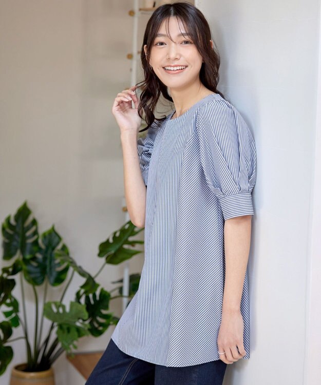 Tiaclasse 【小倉優子さん着用】【洗える】 パフスリーブチュニックブラウス ネイビーストライプ
