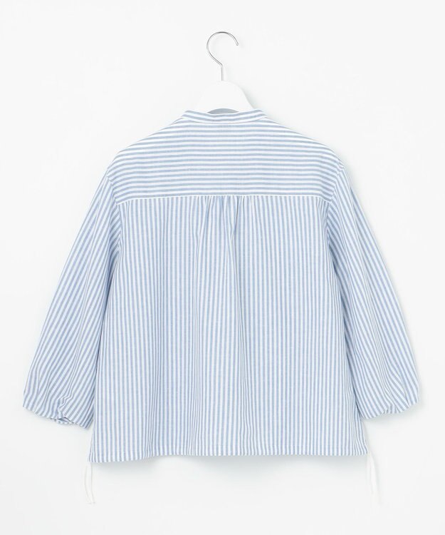 J.PRESS LADIES 【洗える・接触冷感・吸水速乾】麻STRIPE バンドカラー シャツ ブラウス サックスストライプ系