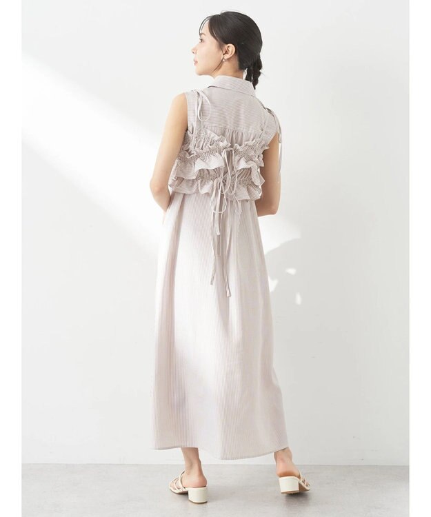 earth music&ecology ＳＥＴ２点シャーリングビスチェ×シャツワンピース Stripe Beige