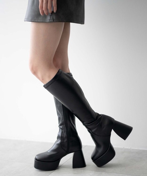 WEGO ストーム付きワイドヒールロングブーツ ブラック