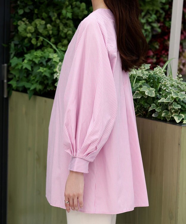 Tiaclasse 【洗える】パフスリーブチュニックブラウス ピンクストライプ