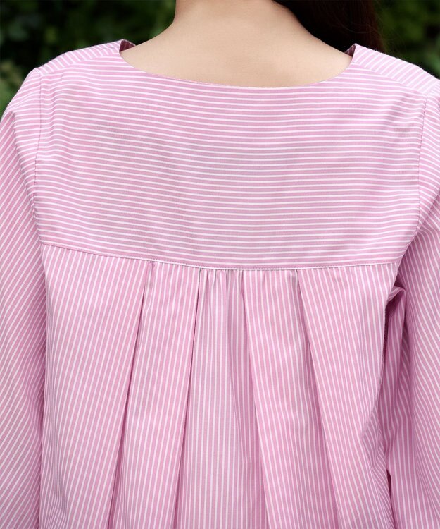 Tiaclasse 【洗える】パフスリーブチュニックブラウス ピンクストライプ